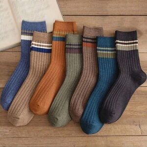 7 Pairs/set Men's Multicolor Striped Business & Casual Mid-calf Socks